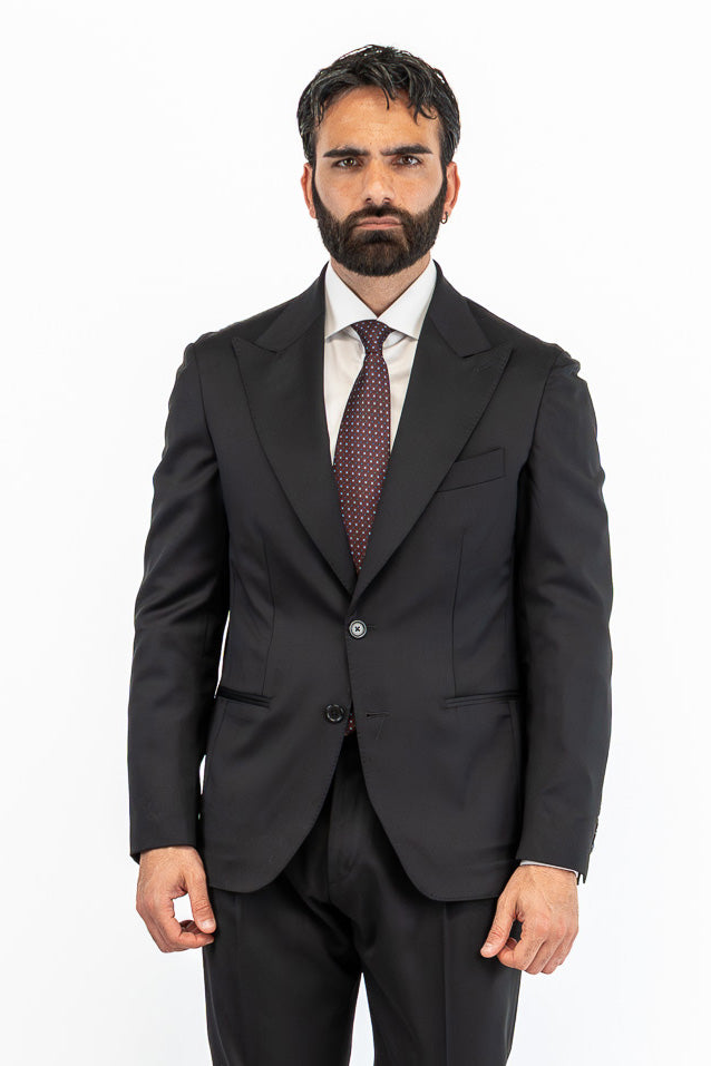 Abito nero monopetto uomo fresco lana super 130's  TessutiVitale Barberis Canonico completamente sfoderato con Rever a lancia e tasche a filetto