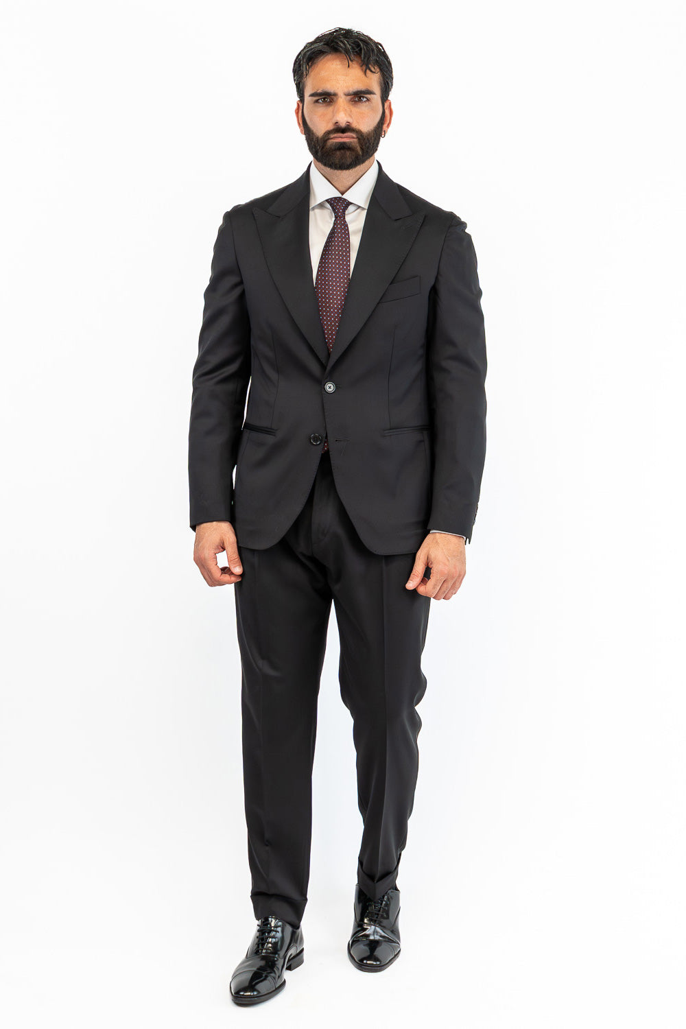 Abito nero monopetto uomo fresco lana super 130's  TessutiVitale Barberis Canonico completamente sfoderato con Rever a lancia e tasche a filetto