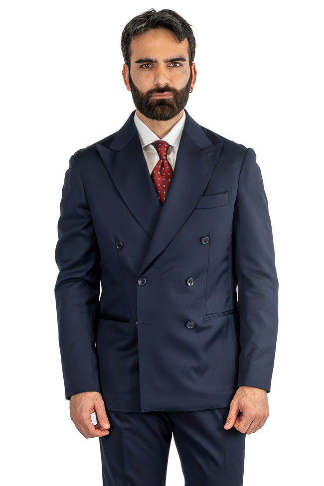 Abito blu navy doppiopetto uomo fresco lana super 130's  TessutiVitale Barberis Canonico completamente sfoderato con Rever a lancia e tasche a filetto