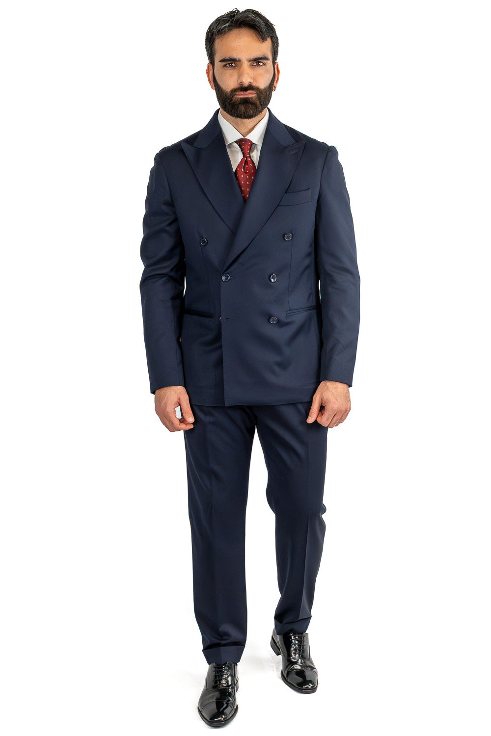 Abito blu navy doppiopetto uomo fresco lana super 130's  TessutiVitale Barberis Canonico completamente sfoderato con Rever a lancia e tasche a filetto