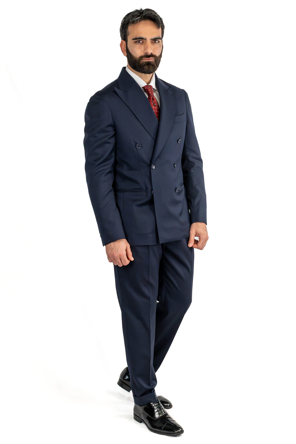 Abito blu navy doppiopetto uomo fresco lana super 130's  TessutiVitale Barberis Canonico completamente sfoderato con Rever a lancia e tasche a filetto