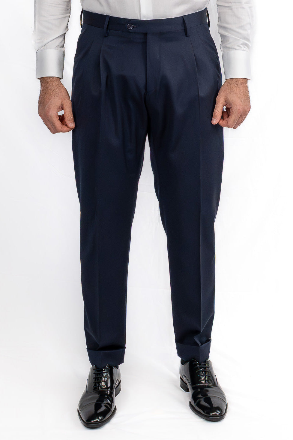 Abito blu navy doppiopetto uomo fresco lana super 130's  TessutiVitale Barberis Canonico completamente sfoderato con Rever a lancia e tasche a filetto