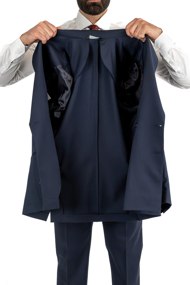 Abito blu navy doppiopetto uomo fresco lana super 130's  TessutiVitale Barberis Canonico completamente sfoderato con Rever a lancia e tasche a filetto