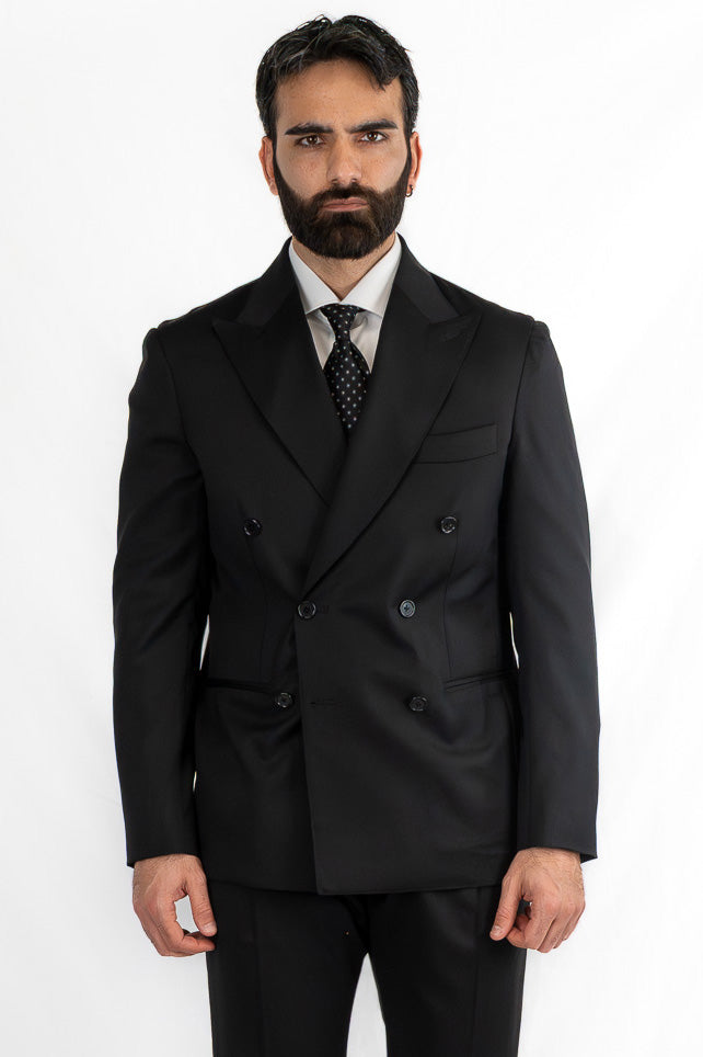 Abito nero doppiopetto uomo fresco lana super 130's  TessutiVitale Barberis Canonico completamente sfoderato con Rever a lancia e tasche a filetto