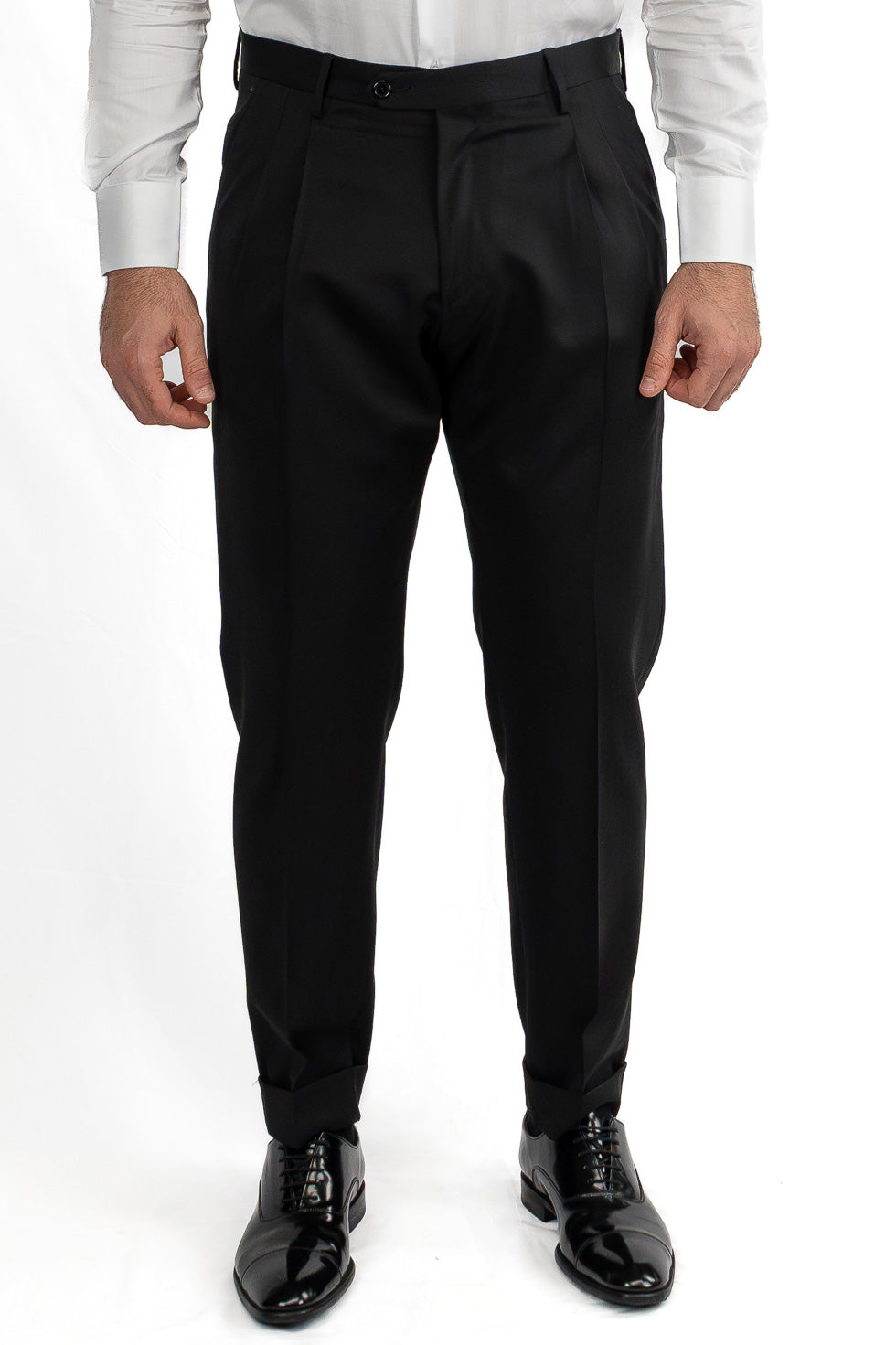 Abito nero doppiopetto uomo fresco lana super 130's  TessutiVitale Barberis Canonico completamente sfoderato con Rever a lancia e tasche a filetto