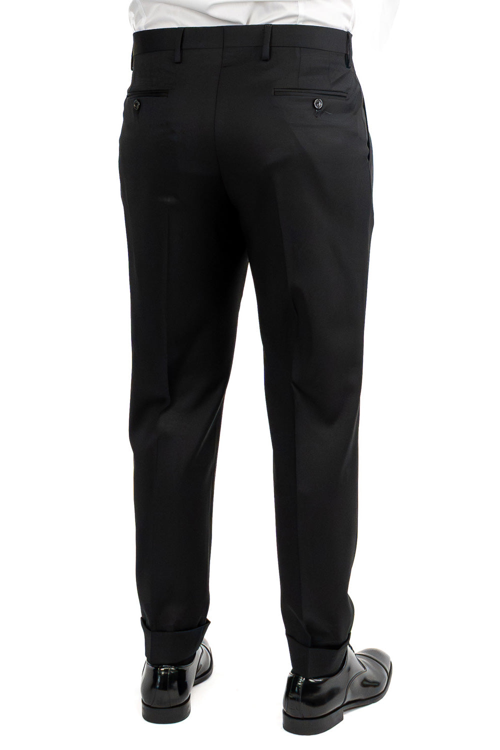 Abito nero doppiopetto uomo fresco lana super 130's  TessutiVitale Barberis Canonico completamente sfoderato con Rever a lancia e tasche a filetto