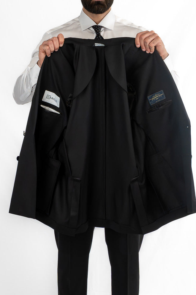 Abito nero doppiopetto uomo fresco lana super 130's  TessutiVitale Barberis Canonico completamente sfoderato con Rever a lancia e tasche a filetto