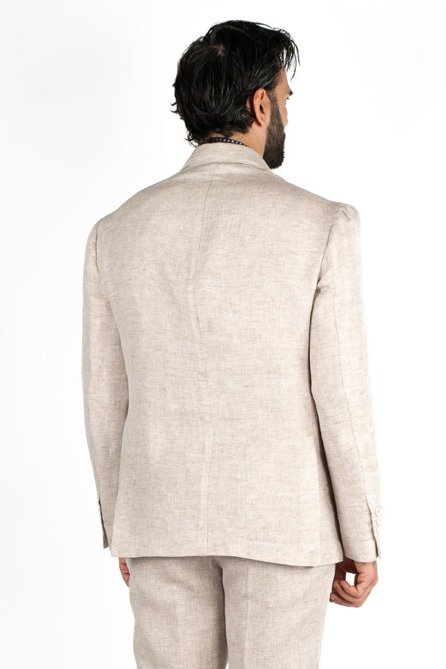 Abito uomo Monopetto Beige in lino e seta sfoderata Rever classico 11 cm tasche a toppe e pantalone vita alta con fibbie laterali