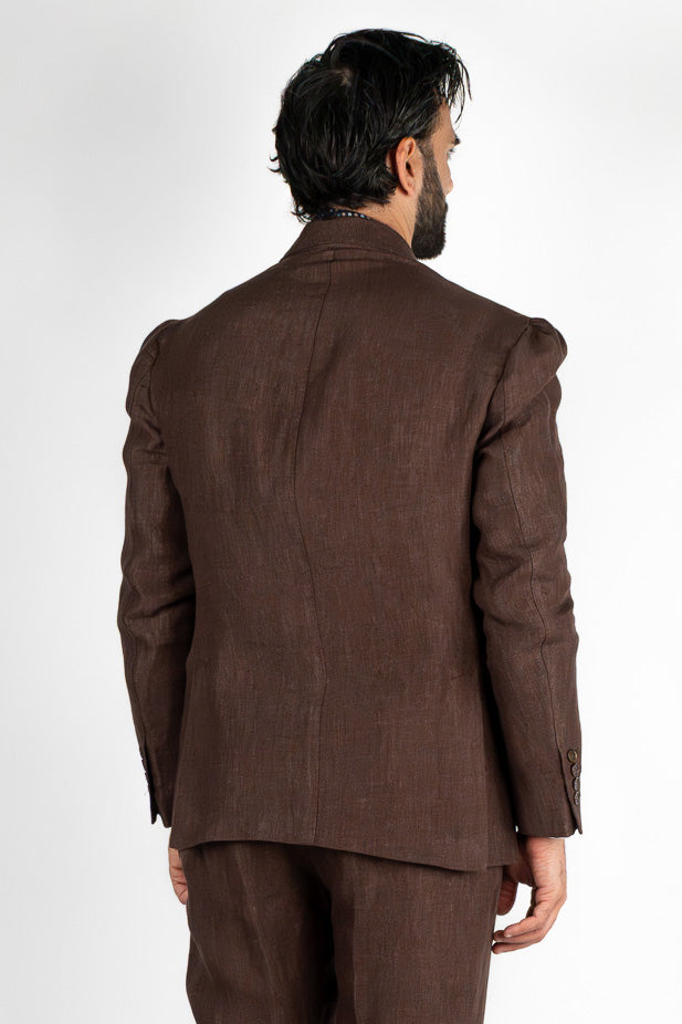 Abito uomo Monopetto Marrone in lino e seta sfoderata Rever classico 11 cm tasche a toppe e pantalone vita alta con fibbie laterali