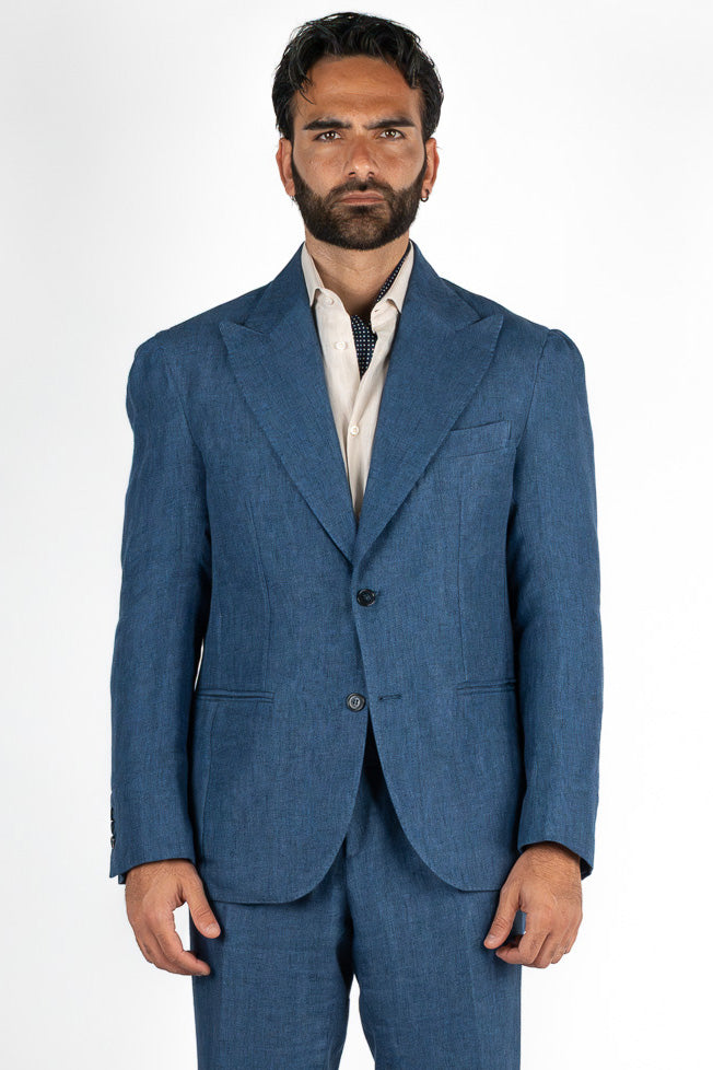 Abito uomo Monopetto blu denim medio in lino e seta sfoderata Rever classico 11 cm tasche a toppe e pantalone vita alta con fibbie laterali