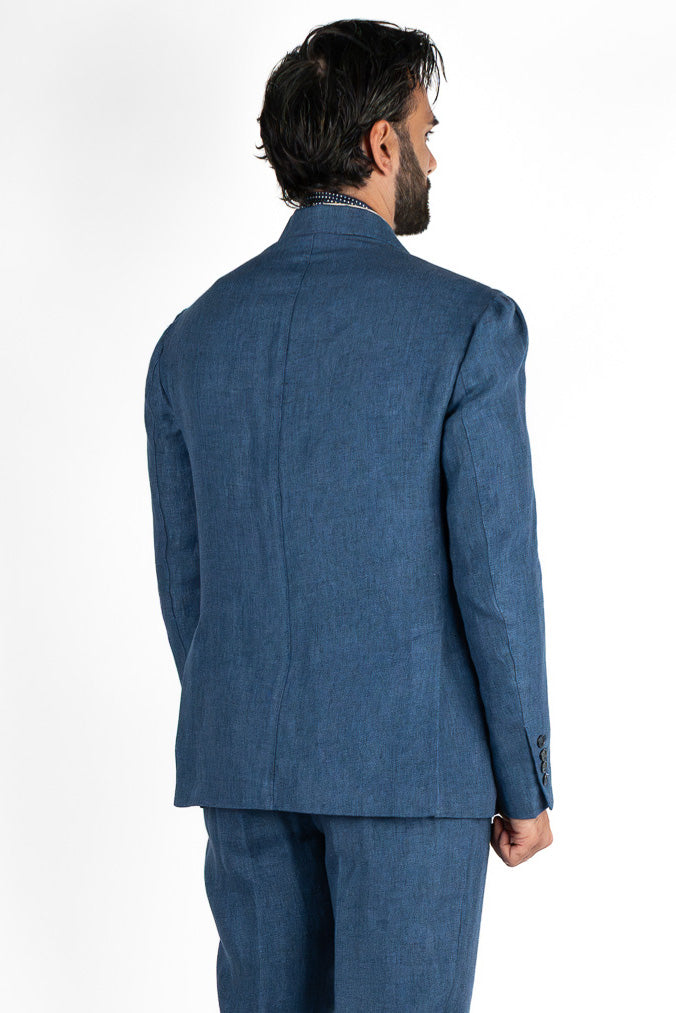Abito uomo Monopetto blu denim medio in lino e seta sfoderata Rever classico 11 cm tasche a toppe e pantalone vita alta con fibbie laterali