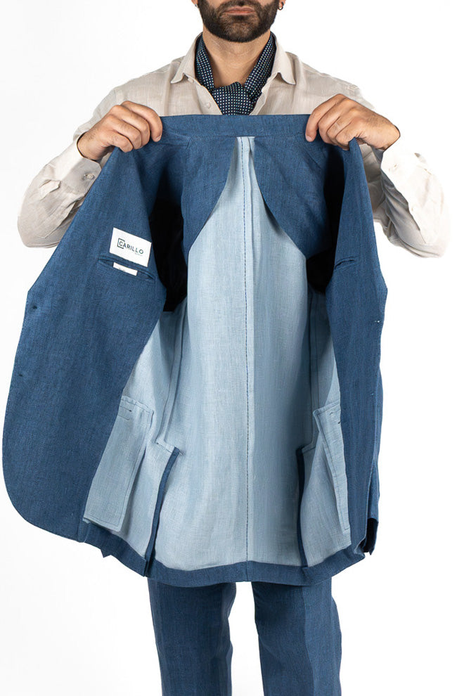 Abito uomo Monopetto blu denim medio in lino e seta sfoderata Rever classico 11 cm tasche a toppe e pantalone vita alta con fibbie laterali