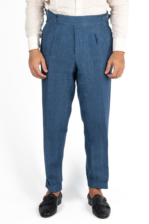 Abito uomo Monopetto blu denim medio in lino e seta sfoderata Rever classico 11 cm tasche a toppe e pantalone vita alta con fibbie laterali