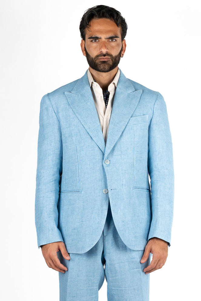 Abito uomo Monopetto blu denim chiaro in lino e seta sfoderata Rever classico 11 cm tasche a toppe e pantalone vita alta con fibbie laterali