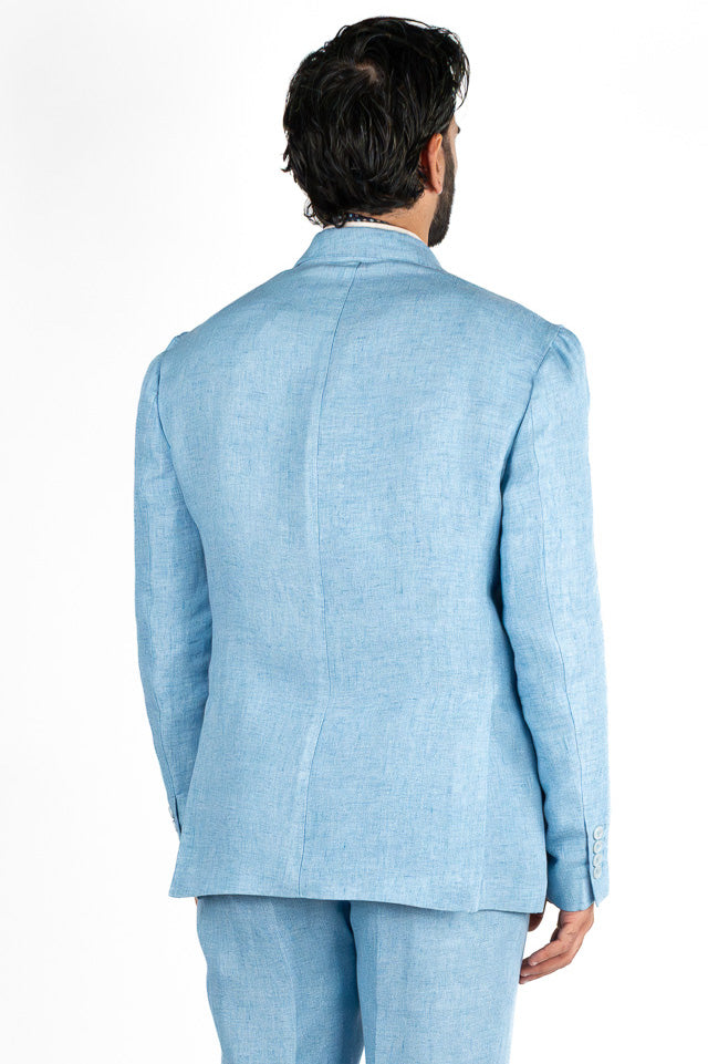 Abito uomo Monopetto blu denim chiaro in lino e seta sfoderata Rever classico 11 cm tasche a toppe e pantalone vita alta con fibbie laterali