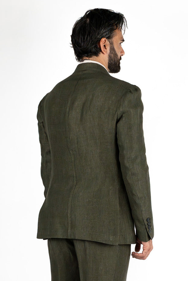 Abito uomo Monopetto Verde Militare in lino e seta sfoderata Rever classico 11 cm tasche a toppe e pantalone vita alta con fibbie laterali