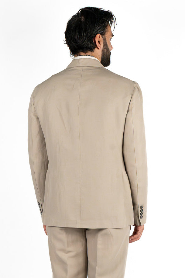 Abito uomo Monopetto Beige in lino e cotone sfoderata Rever classico 11 cm tasche a toppe e pantalone vita alta con fibbie laterali