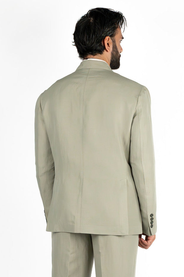 Abito uomo Monopetto verde salvia in lino e cotone sfoderata Rever classico 11 cm tasche a toppe e pantalone vita alta con fibbie laterali