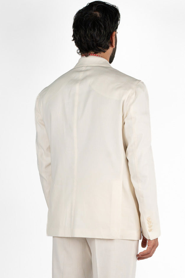 Abito uomo Monopetto panna in lino, cotone ed elastan  sfoderata Rever classico 11 cm tasche a toppe e pantalone vita alta con fibbie laterali