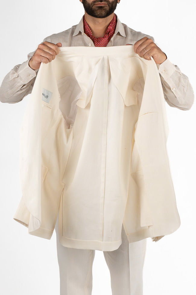 Abito uomo Monopetto panna in lino, cotone ed elastan  sfoderata Rever classico 11 cm tasche a toppe e pantalone vita alta con fibbie laterali