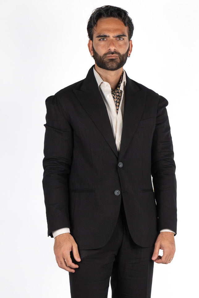 Abito uomo Monopetto nero in lino sfoderata Rever classico 11 cm tasche a toppe e pantalone vita alta con fibbie laterali