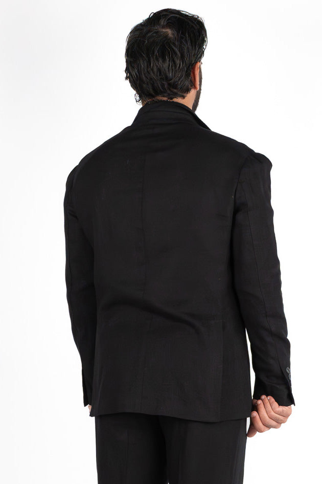 Abito uomo Monopetto nero in lino sfoderata Rever classico 11 cm tasche a toppe e pantalone vita alta con fibbie laterali