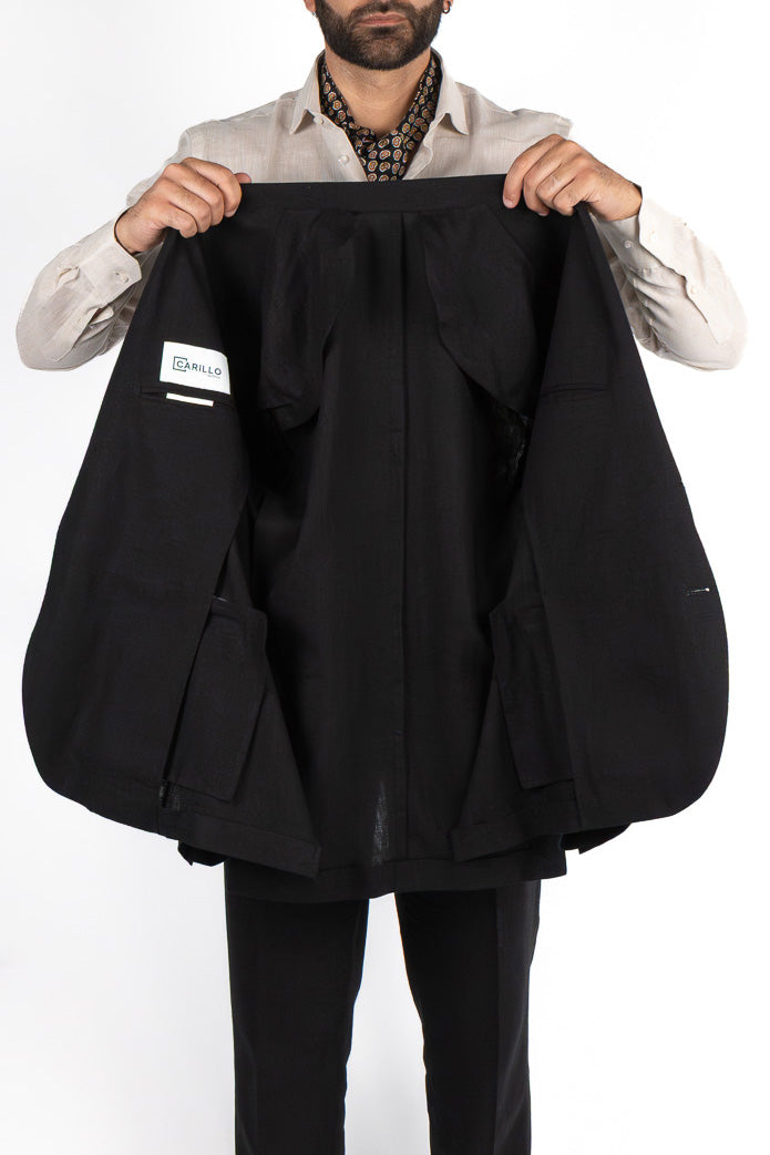 Abito uomo Monopetto nero in lino sfoderata Rever classico 11 cm tasche a toppe e pantalone vita alta con fibbie laterali