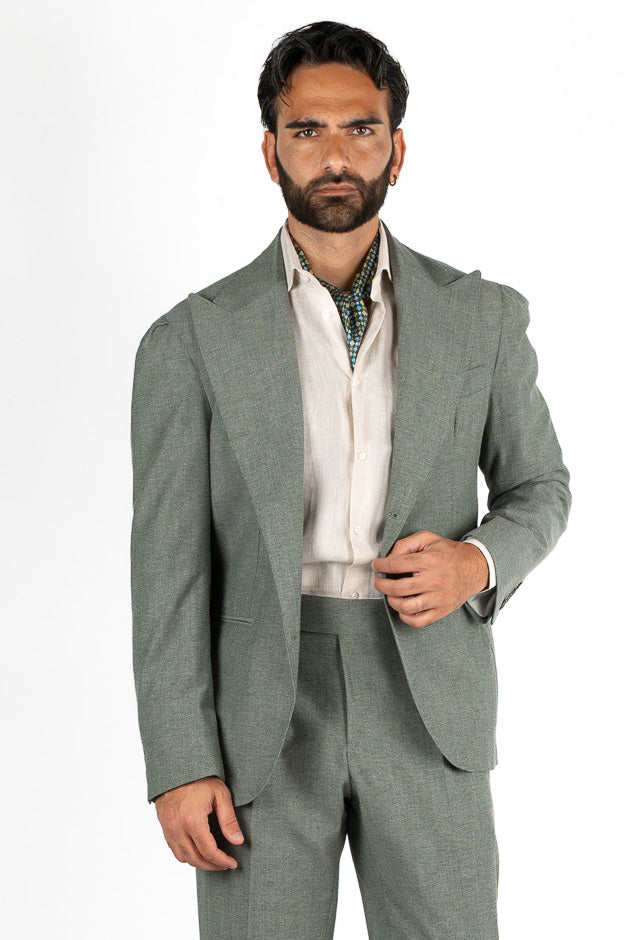 Abito uomo Monopetto verde in lino cotone Rever classico 11 cm tasche a toppe e pantalone vita alta con fibbie laterali