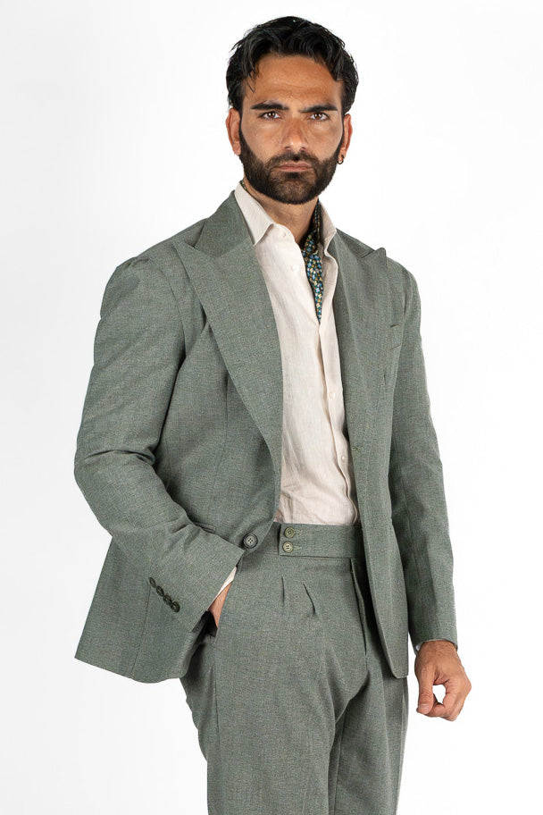 Abito uomo Monopetto verde in lino cotone Rever classico 11 cm tasche a toppe e pantalone vita alta con fibbie laterali