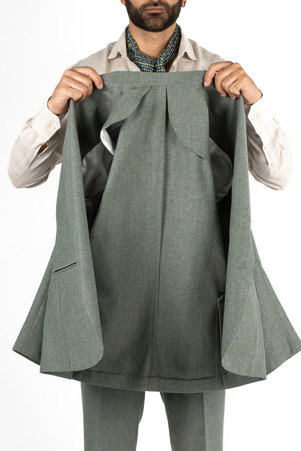 Abito uomo Monopetto verde in lino cotone Rever classico 11 cm tasche a toppe e pantalone vita alta con fibbie laterali