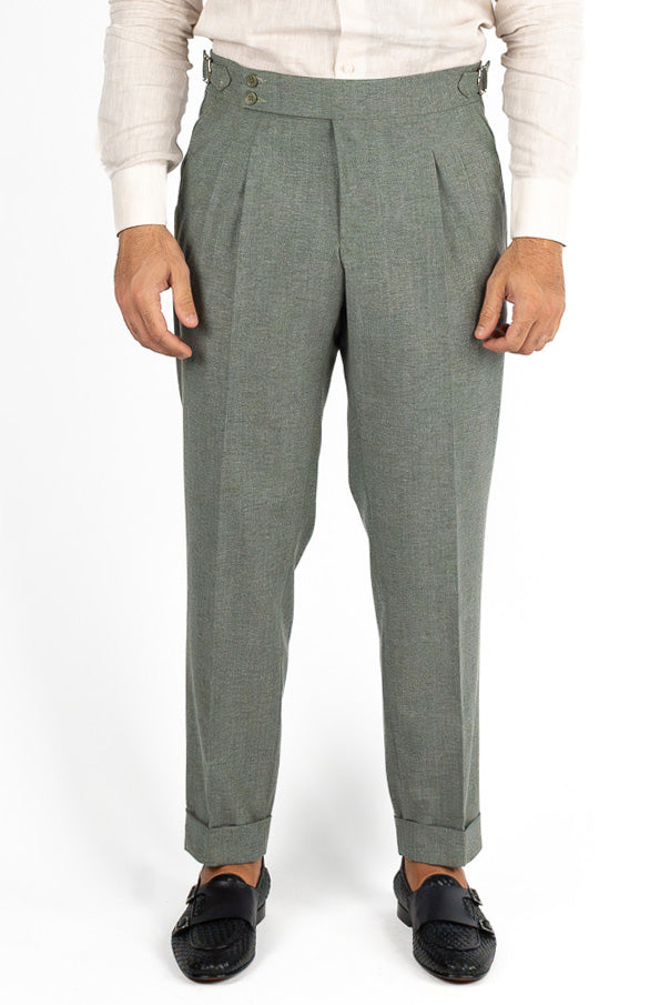 Abito uomo Monopetto verde in lino cotone Rever classico 11 cm tasche a toppe e pantalone vita alta con fibbie laterali