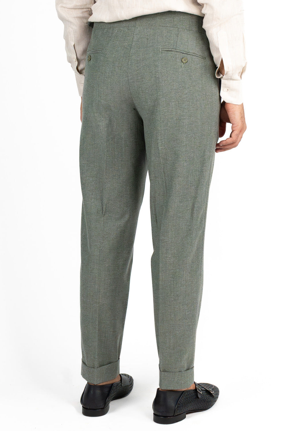 Abito uomo Monopetto verde in lino cotone Rever classico 11 cm tasche a toppe e pantalone vita alta con fibbie laterali