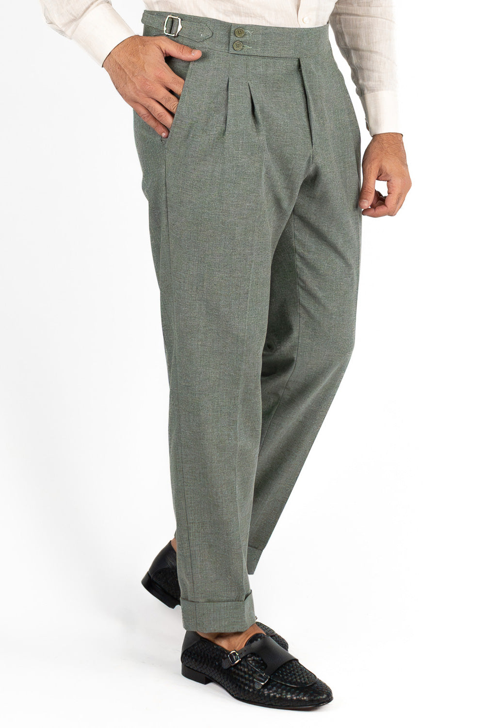 Abito uomo Monopetto verde in lino cotone Rever classico 11 cm tasche a toppe e pantalone vita alta con fibbie laterali