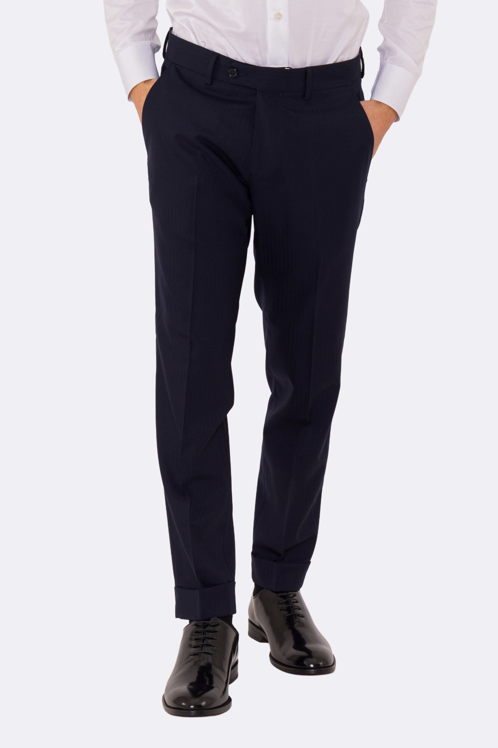 Pantalone blu navy con passanti uomo in fresco lana super 110's Tessuti in esclusiva Sartoria Carillo tasca america risvolto 5cm