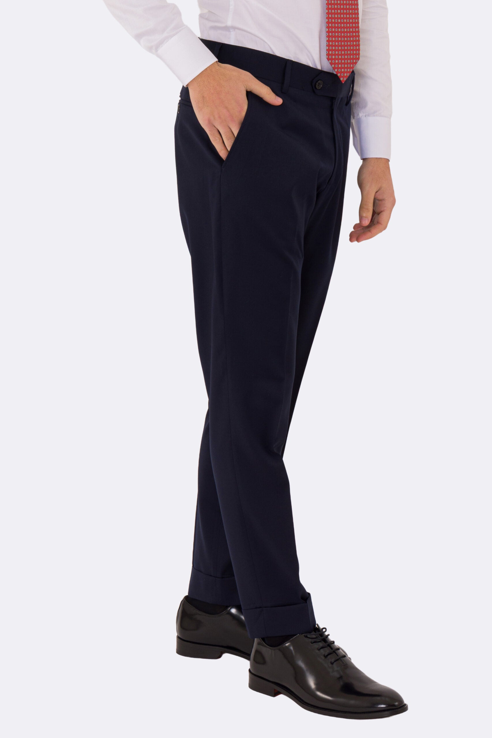 Pantalone blu navy con passanti uomo in fresco lana super 110's Tessuti in esclusiva Sartoria Carillo tasca america risvolto 5cm