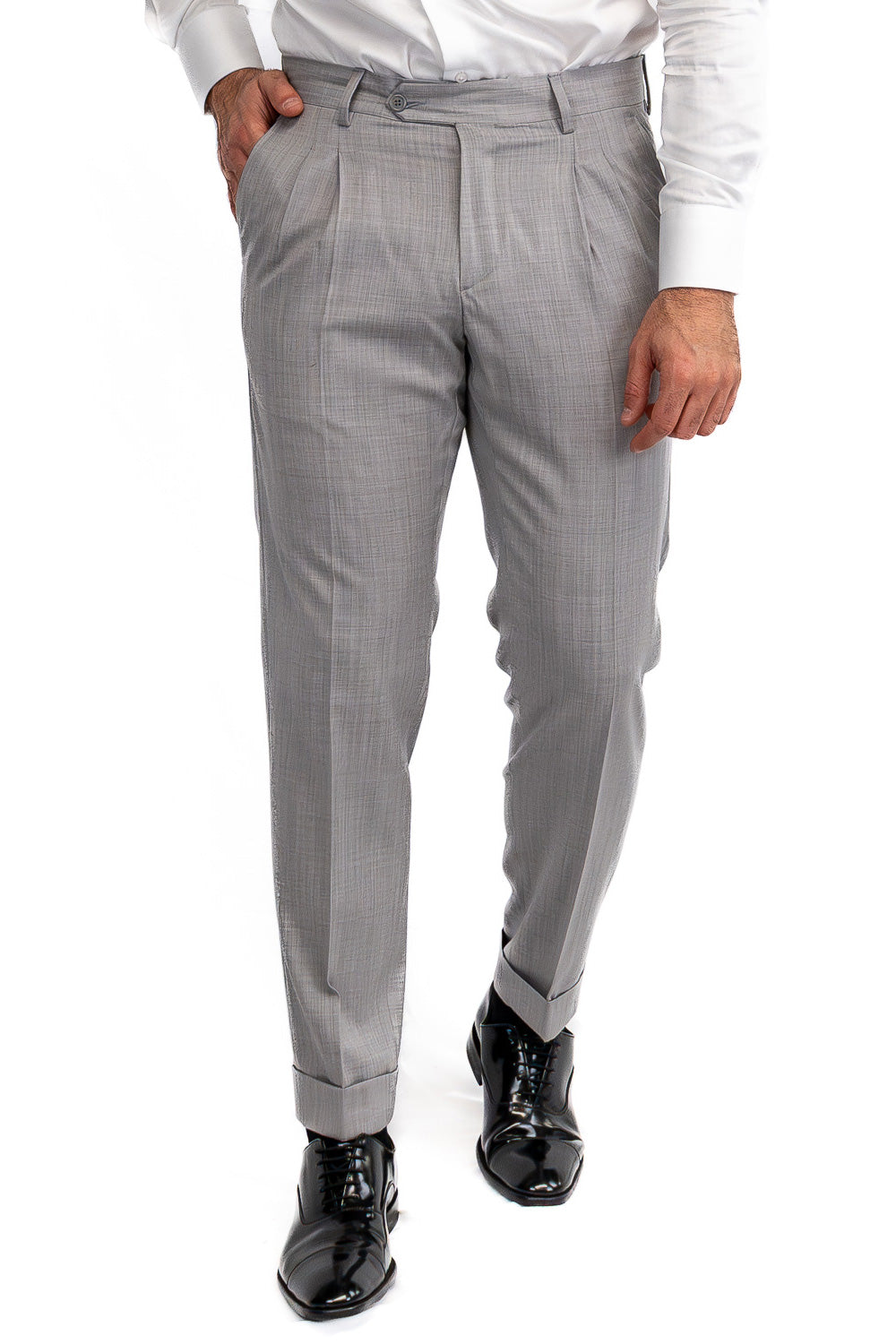 Pantalone uomo grigio chiaro con passanti e risvolto 5cm tasca america, in fresco lana super 110's Tessuti in esclusiva Sartoria Carillo