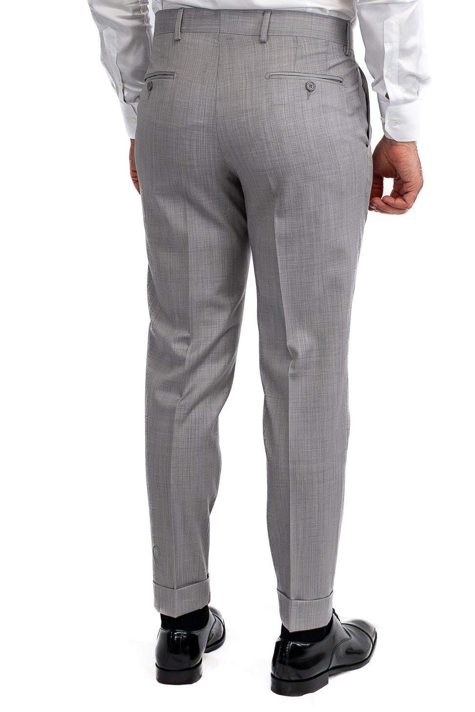 Pantalone uomo grigio chiaro con passanti e risvolto 5cm tasca america, in fresco lana super 110's Tessuti in esclusiva Sartoria Carillo