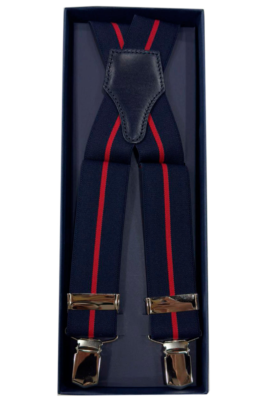 Bretelle da uomo blu riga rossa Elasticizzate 3,5 cm regolabili con chiusura pinze argento