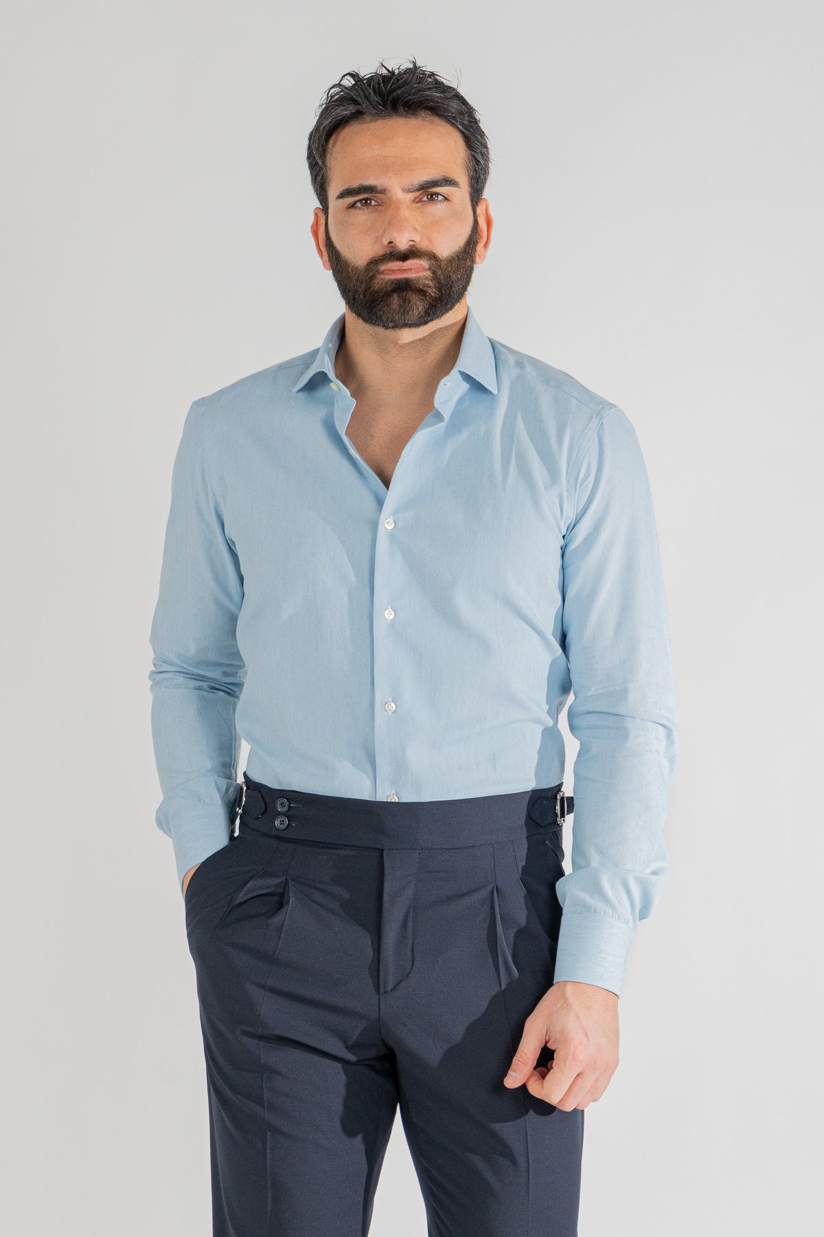 Camicia Uomo Slim Fit in cotone 100% denim chiaro Collo semi francese
