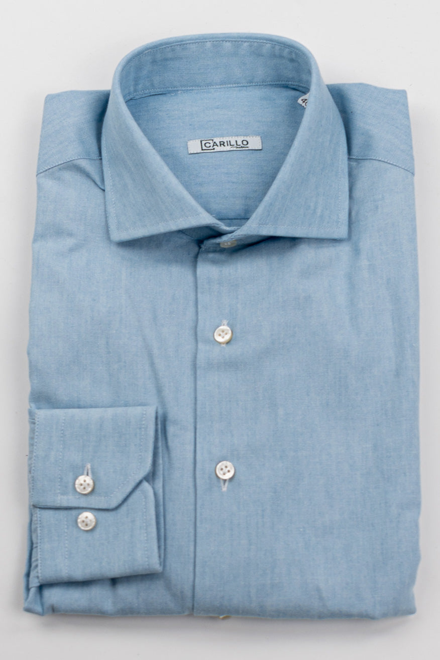 Camicia Uomo Slim Fit in cotone 100% denim chiaro Collo semi francese