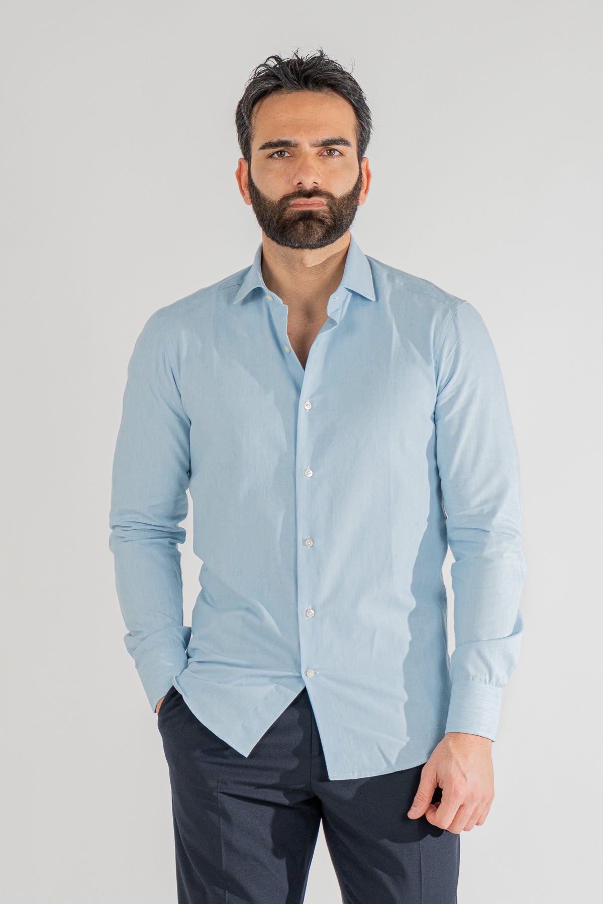 Camicia Uomo Slim Fit in cotone 100% denim chiaro Collo semi francese