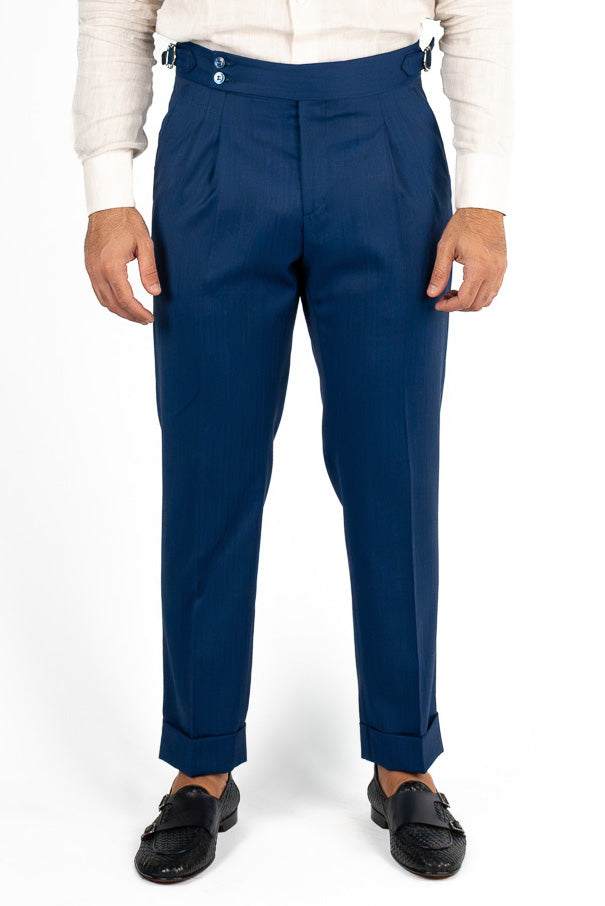 Pantalone solaro blu con Fibbie laterali uomo  in fresco lana super 110's Tessuti in esclusiva Sartoria Carillo  vita alta doppia pinces e risvolto 5cm