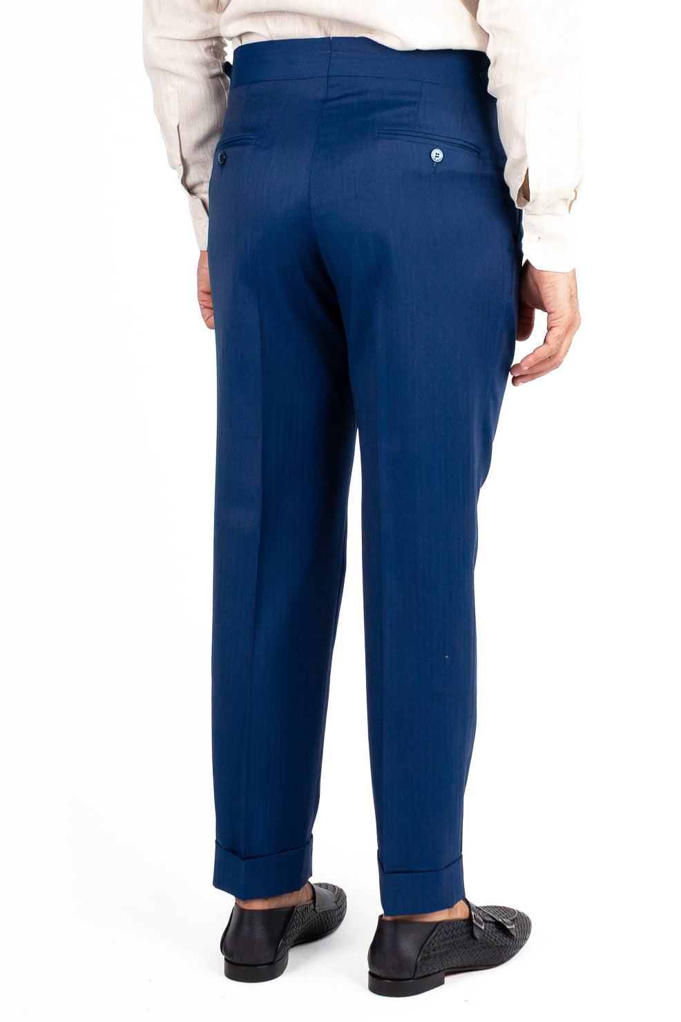 Pantalone solaro blu con Fibbie laterali uomo  in fresco lana super 110's Tessuti in esclusiva Sartoria Carillo  vita alta doppia pinces e risvolto 5cm
