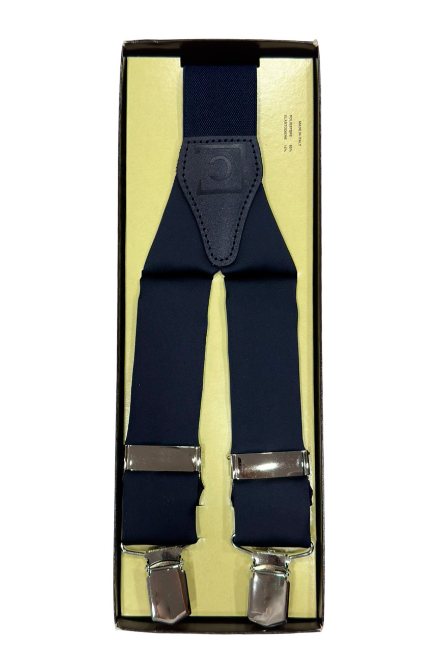 Bretelle da uomo blu notte in raso tinta unita 3,5cm regolabili con chiusura pinze argento