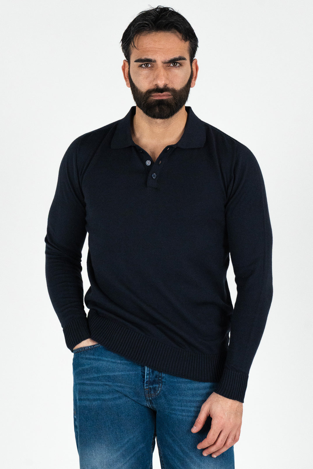 Polo manica lunga blu 100% cotone finezza 12 con elastici sulle maniche e sul fondo di filo tinta unita da uomo made in italy