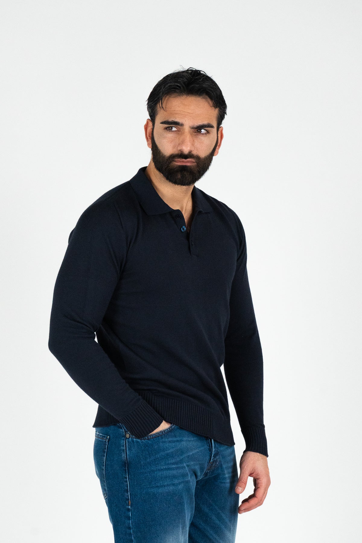 Polo manica lunga blu 100% cotone finezza 12 con elastici sulle maniche e sul fondo di filo tinta unita da uomo made in italy