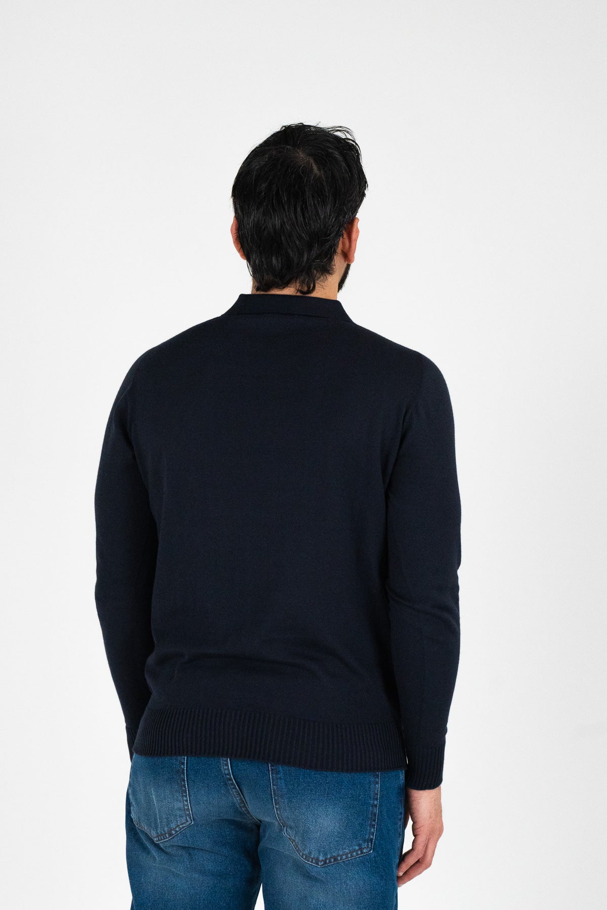 Polo manica lunga blu 100% cotone finezza 12 con elastici sulle maniche e sul fondo di filo tinta unita da uomo made in italy