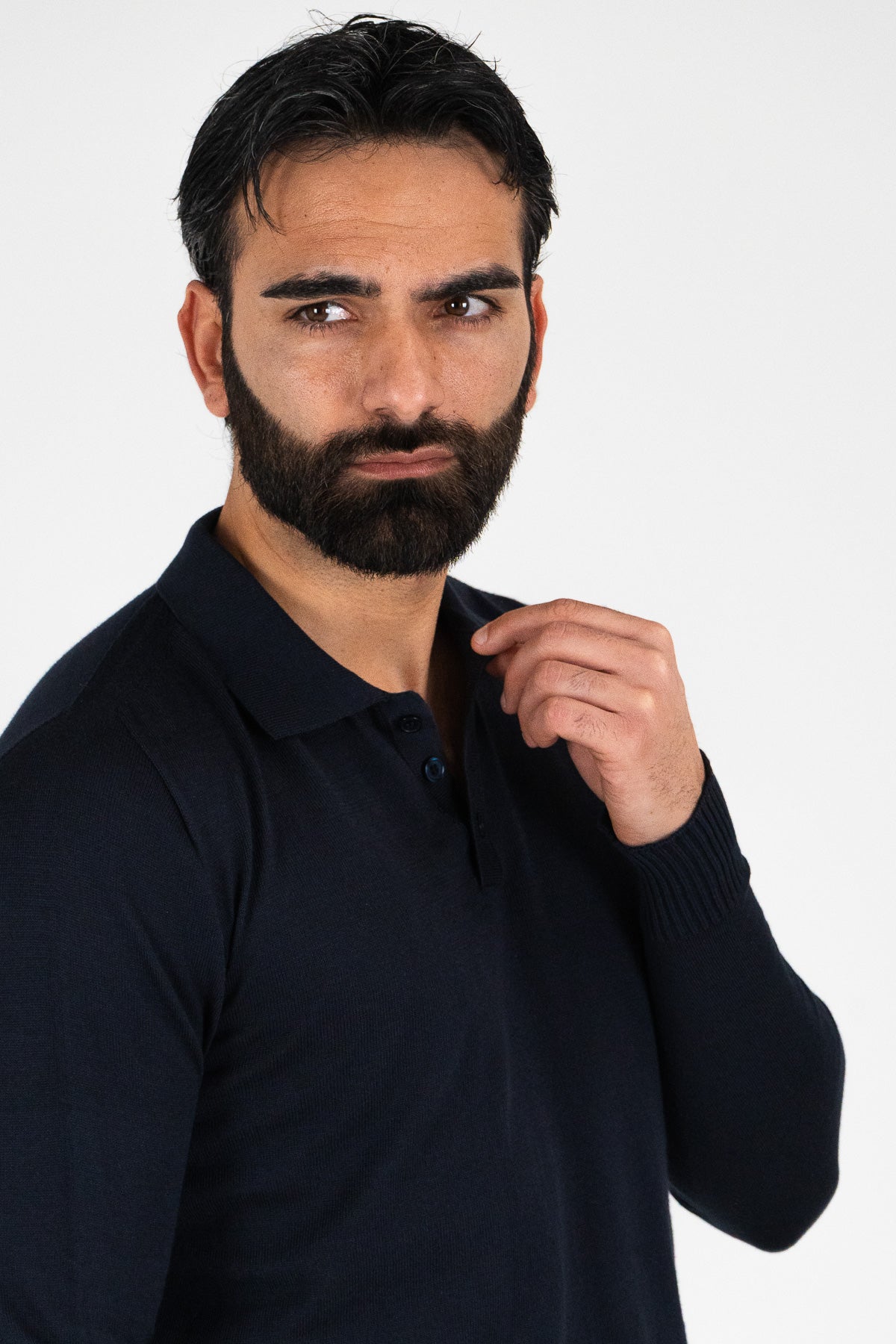 Polo manica lunga blu 100% cotone finezza 12 con elastici sulle maniche e sul fondo di filo tinta unita da uomo made in italy