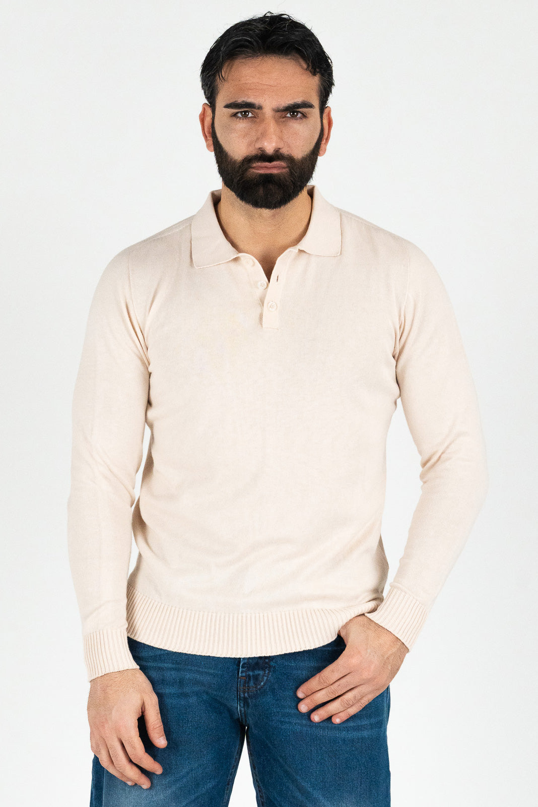 Polo manica lunga Beige 100% cotone finezza 12 con elastici sulle maniche e sul fondo di filo tinta unita da uomo made in italy