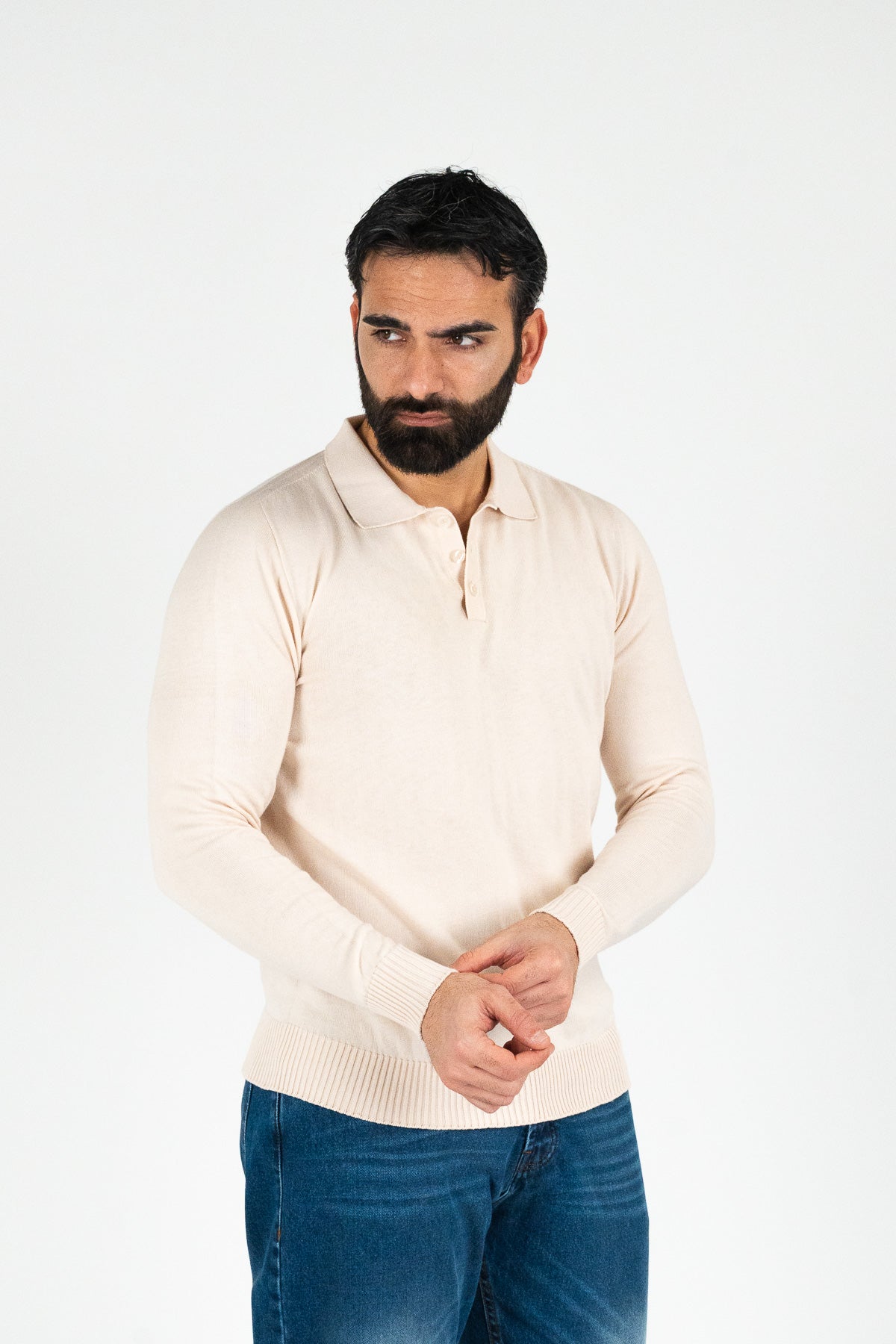 Polo manica lunga Beige 100% cotone finezza 12 con elastici sulle maniche e sul fondo di filo tinta unita da uomo made in italy